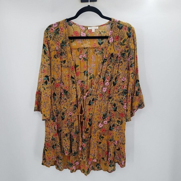 I The Wild Floral Cardigan Womens Medium Mustard Yellow Boho Peasant Tie Front - Picture 12 of 12